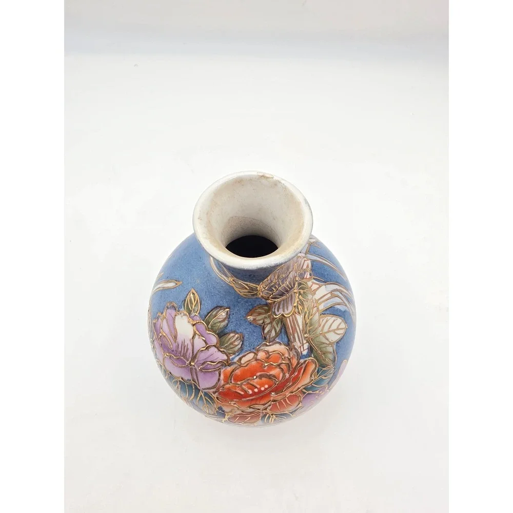 Tri Ever Hand Painted Porcelain Bud Vase Blue Floral Gold Gilt Small 5 Inch N3
